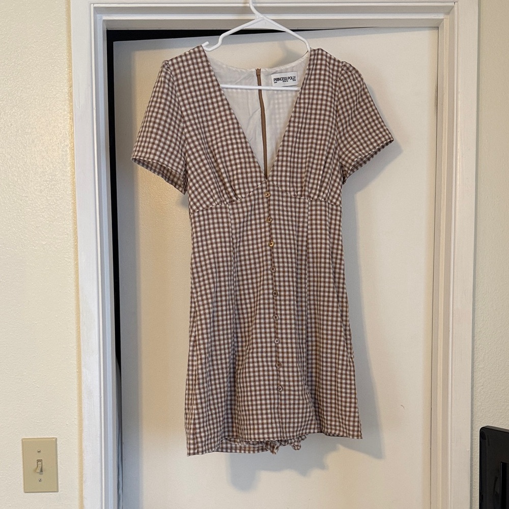 Checked Mini Dress with Button Front - Cream & Brown - Picture 2 of 3